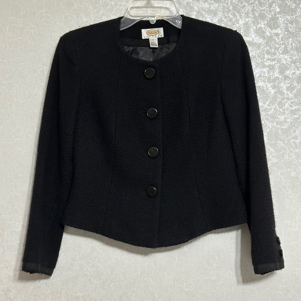 Talbots Petites Black Wool Blend Collarless Button Front Blazer Jacket Career 2P